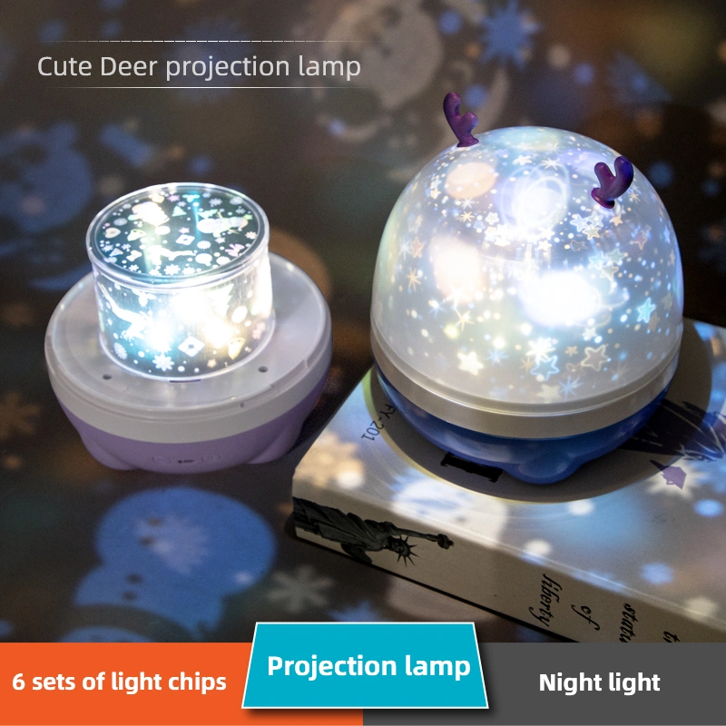 Beauty Tricolor Cute Deer Shape USB Recharging LED Lamp Room Decoration Christmas Gift with 6 Kingds Projection